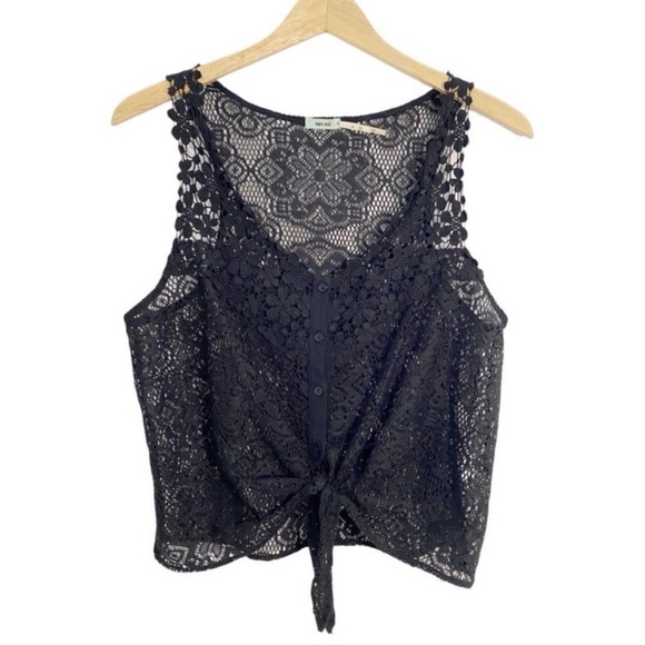 Urban Outfitters Tops - Kimchi Blue Urban Outfitters Black Lace Tie Front Cropped Top, Size Medium